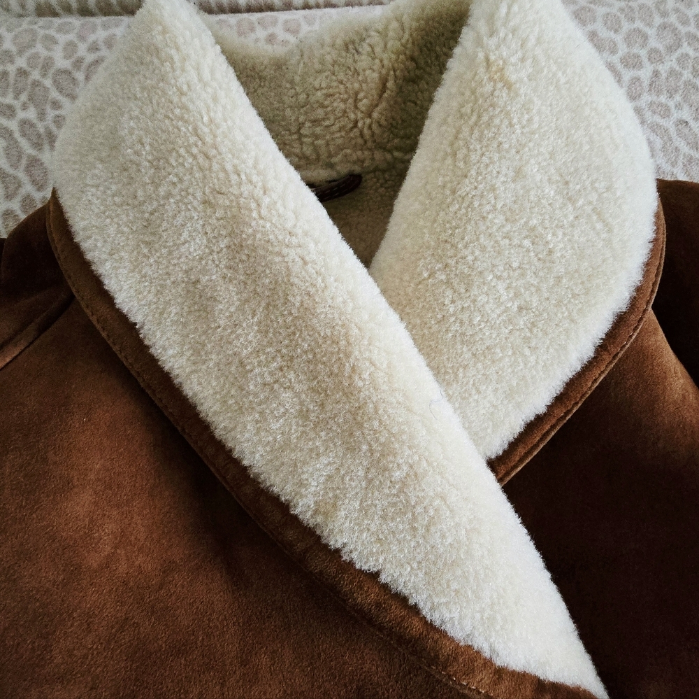 Dagorret Sienna Brown Suede Leather Shearling Midi Coat Size M-L - Picture 6 of 16